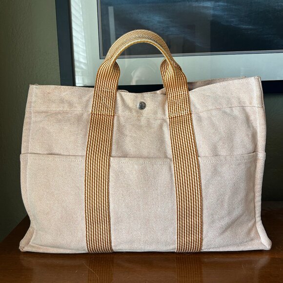 Hermès Toile Canvas Herline Tote MM in Peach - Picture 2 of 12